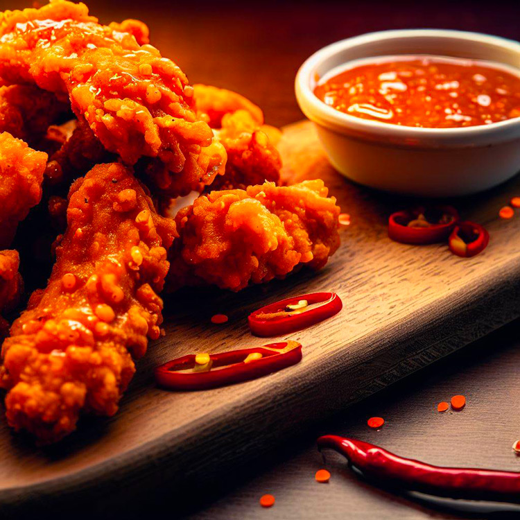 Popeyes sweet heat sauce image with a background of various dishes using the sauce.