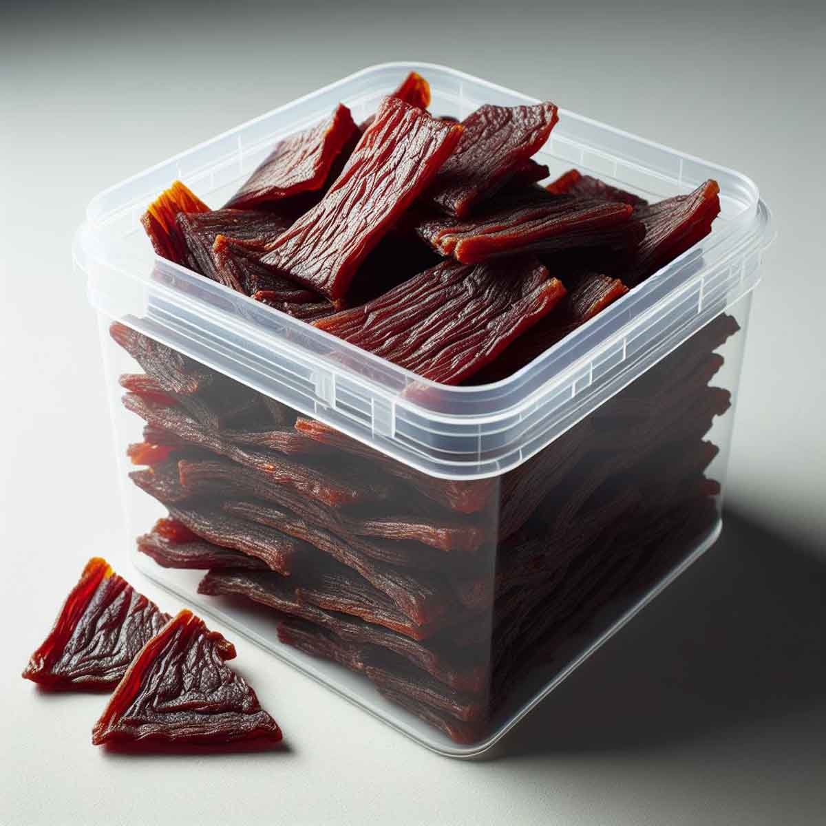 Beef jerky stored in a clear airtight container, showcasing its rich texture.
