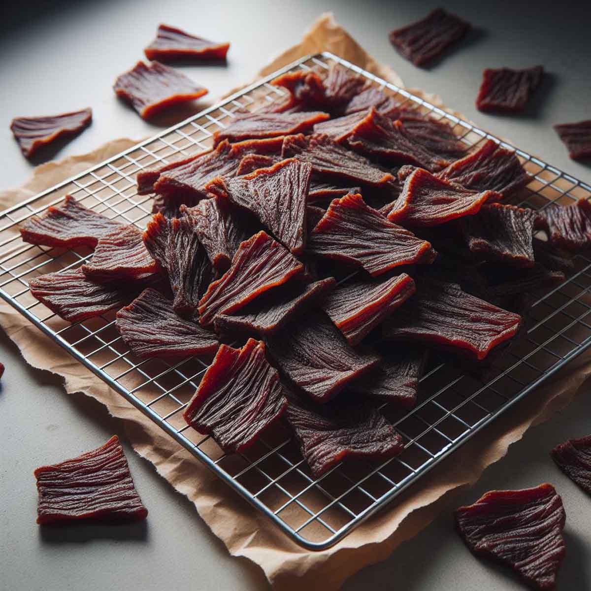 Freshly dehydrated beef jerky cooling on a wire rack, highlighting its even texture.