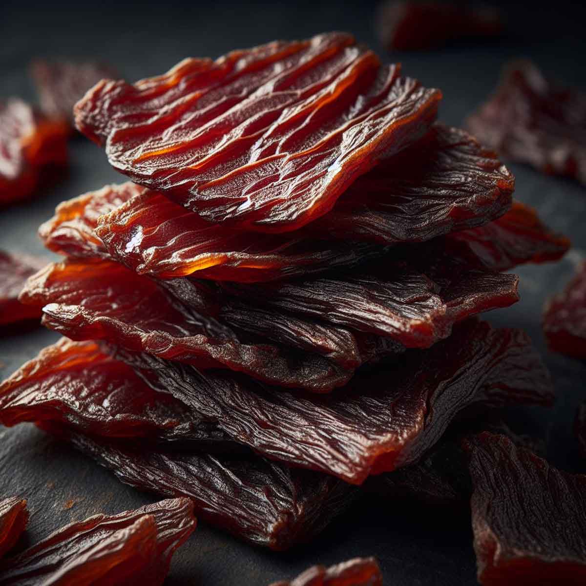 Perfectly dehydrated beef jerky with a rich brown color and dry texture.