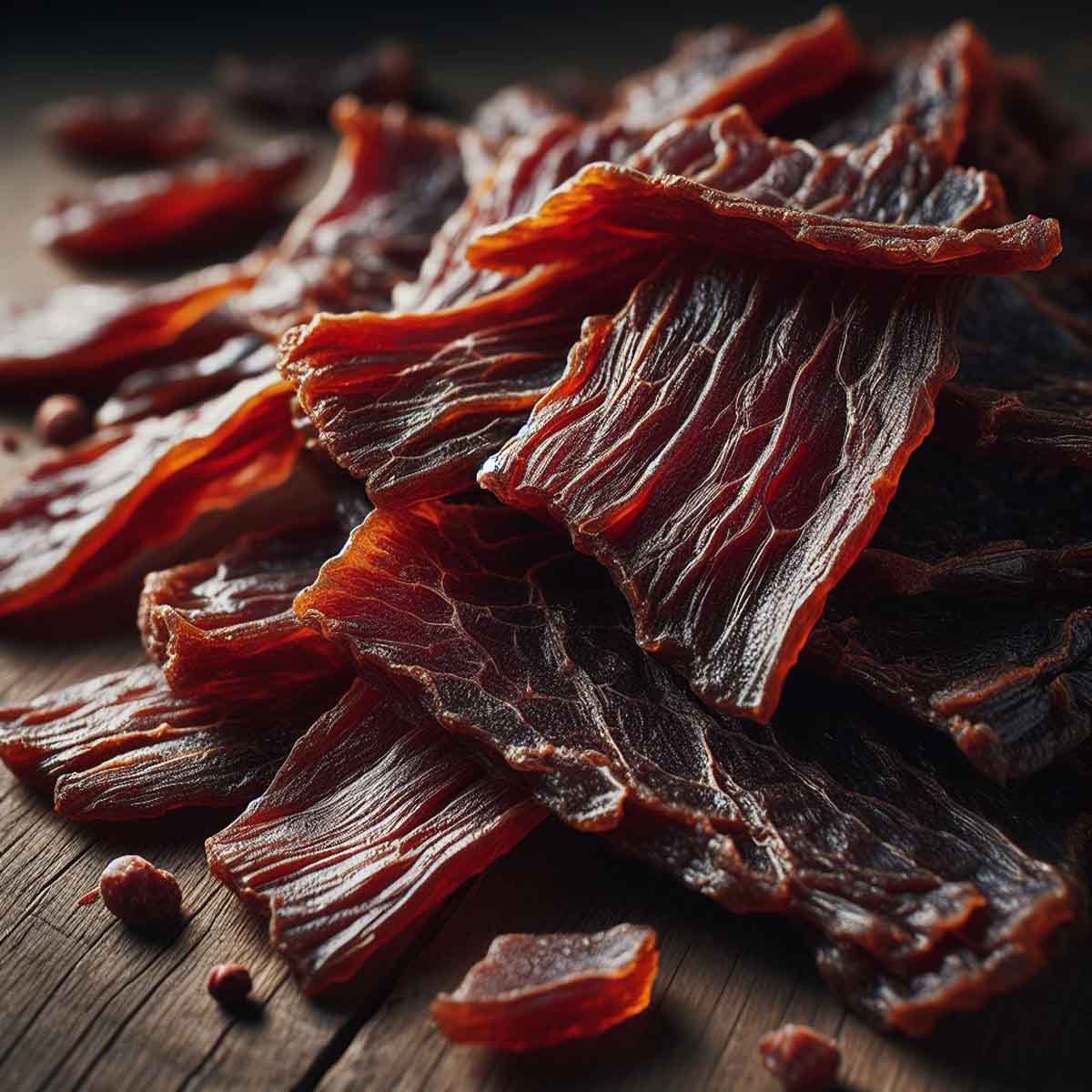 Close-up of impeccably dehydrated beef jerky showcasing its texture.