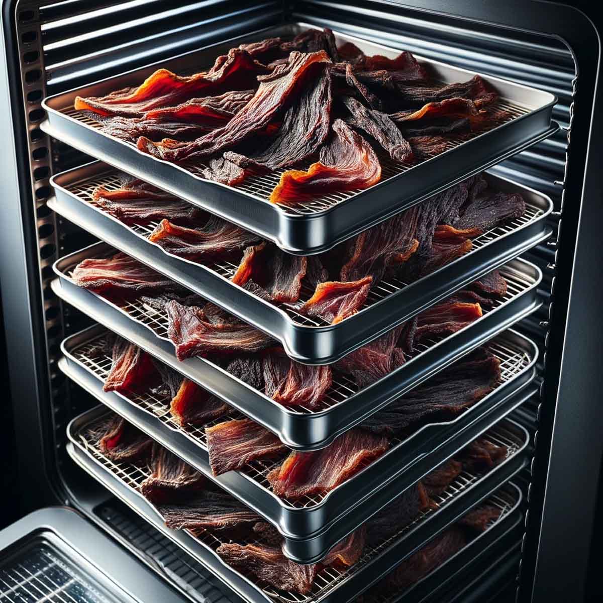 Interior view of a dehydrator with trays of beef jerky mid-way through the drying process.