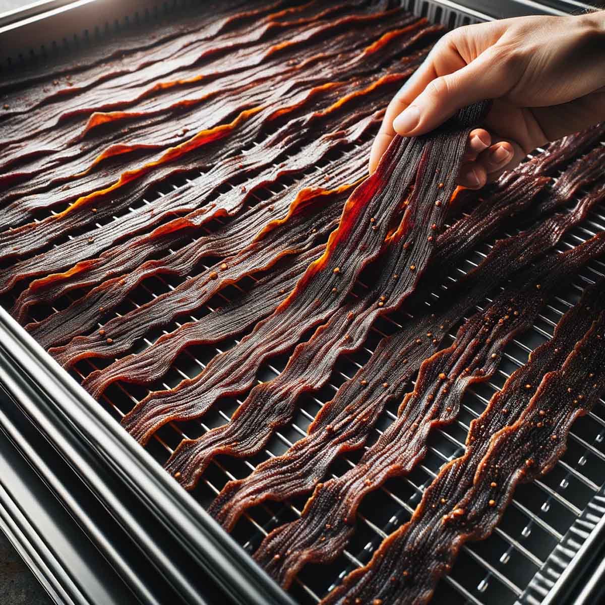 Marinated beef jerky strips neatly laid out on a stainless steel dehydrator tray, ready for drying.