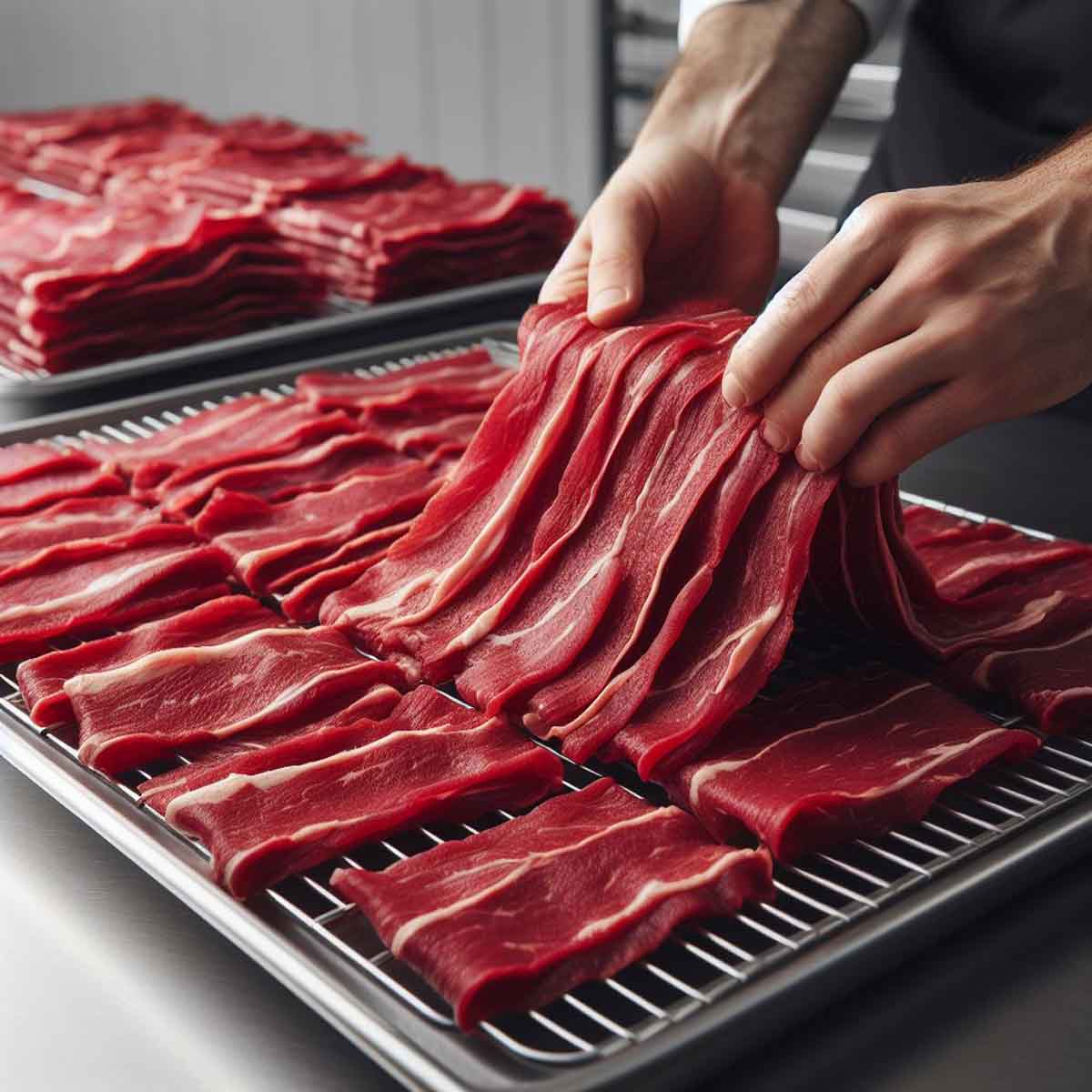 Thin strips of raw beef prepared for drying, laid out on a dehydration rack.