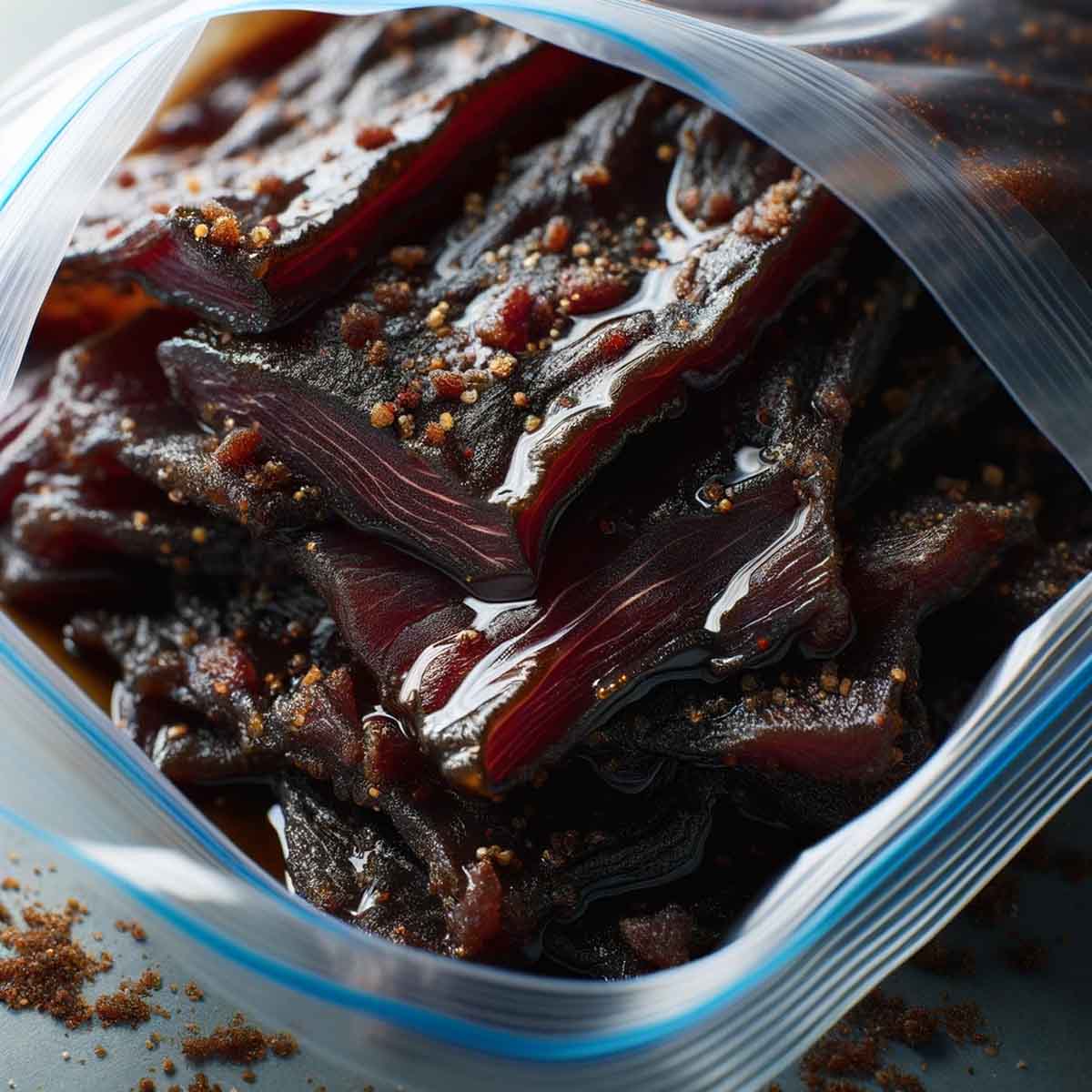 Close-up of beef jerky strips in a ziplock bag, mid-marination, coated in a dark, spice-rich marinade.