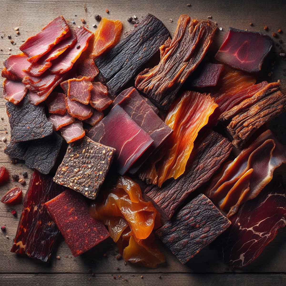 Assorted beef jerky types artistically arranged on a rustic wooden surface.