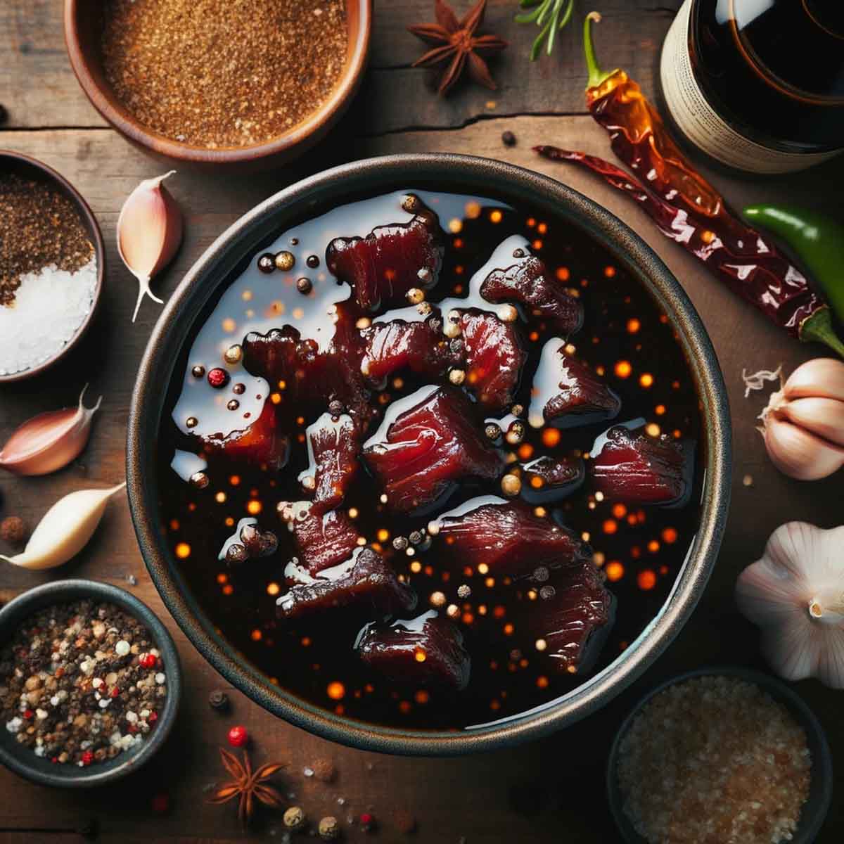 Overhead view of a bowl with dark, glossy beef jerky marinade, surrounded by ingredients like Worcestershire and soy sauce on a wooden table.