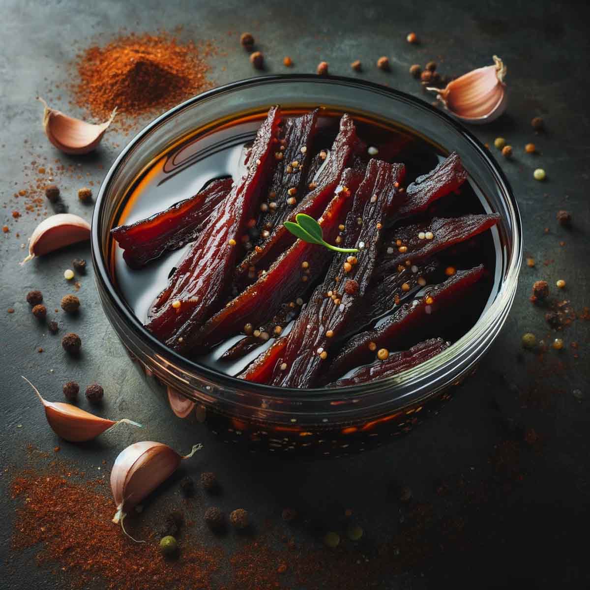 Beef jerky strips fully submerged in a dark, glossy marinade inside a glass bowl, with visible specks of garlic and onion powder.