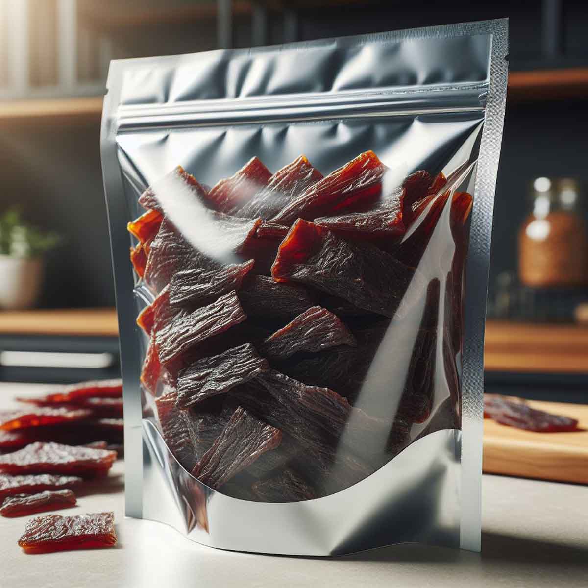 Shiny Mylar bags safeguarding beef jerky against moisture and light.