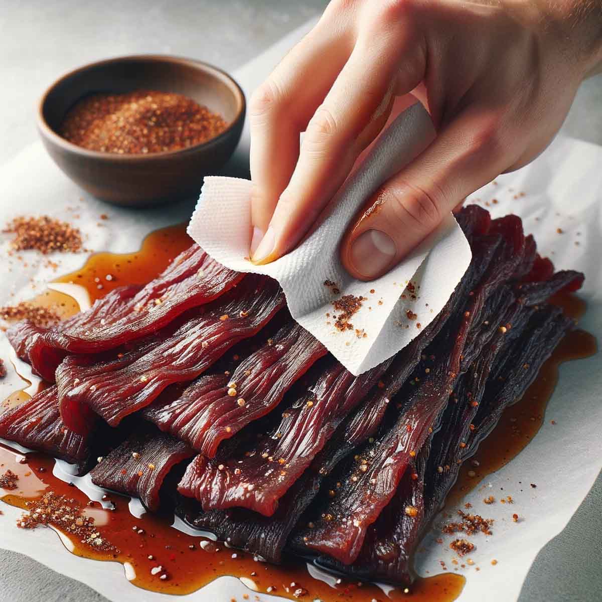 Marinated beef jerky strips being patted dry with paper towels, preparing for dehydration.