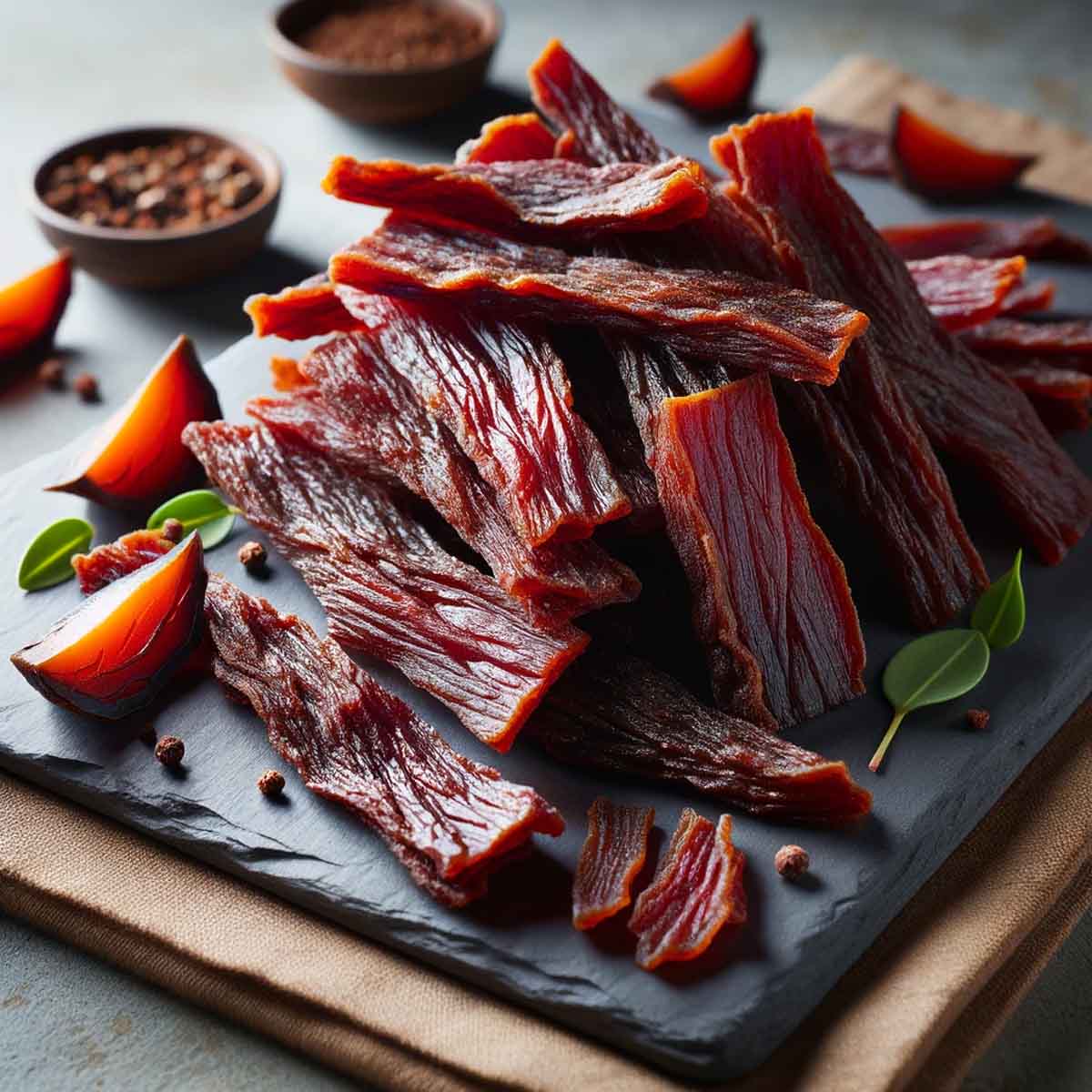 How long to marinate beef jerky? a variety of beef jerky strips arranged on a rustic wooden board.