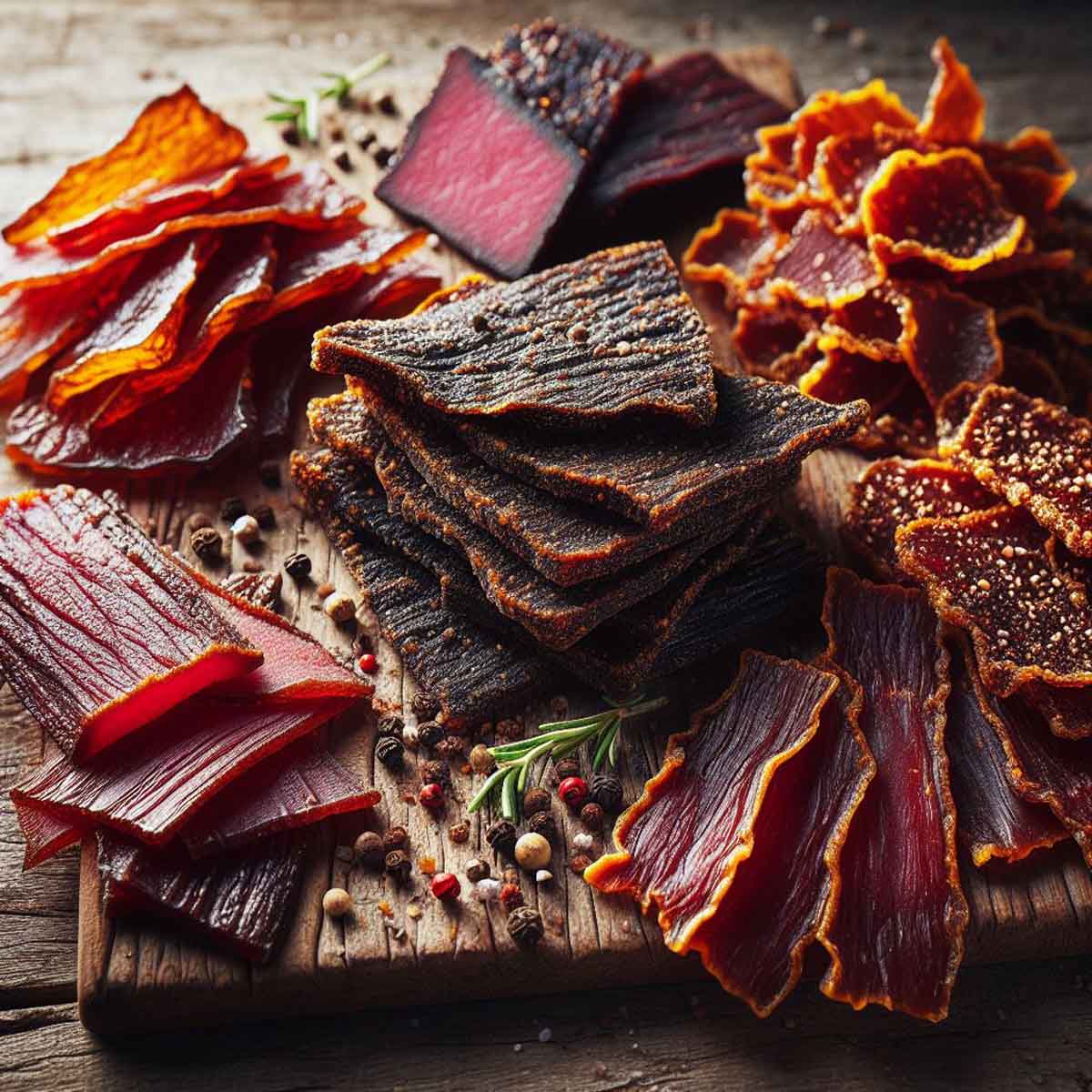 A vibrant display of different beef jerky types, each with unique textures and colors.