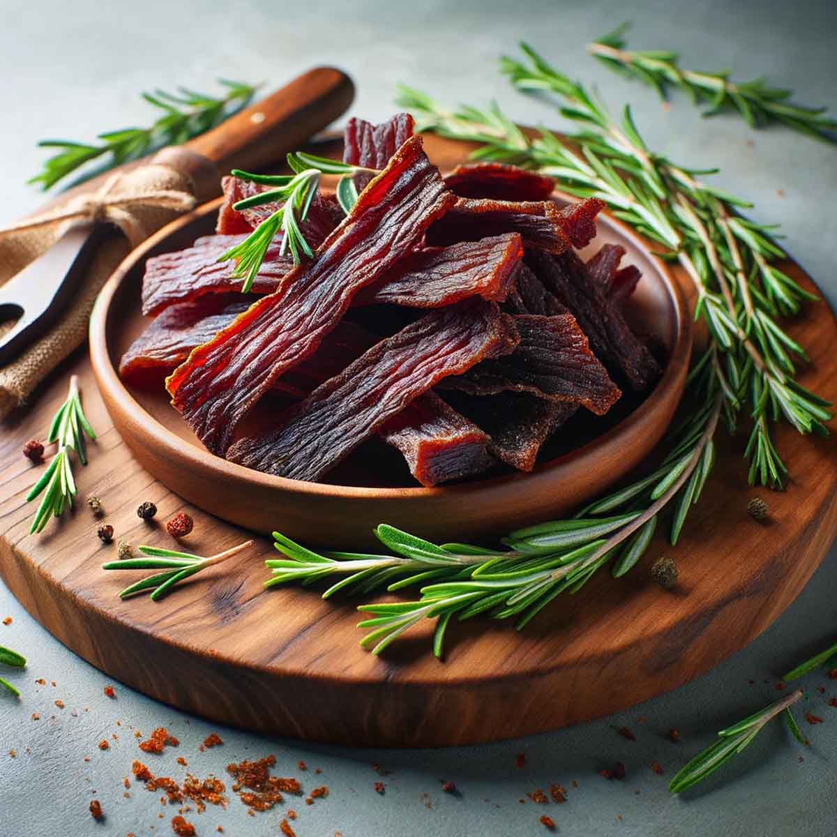 Beef jerky served on a wooden platter, garnished with fresh herbs like rosemary.