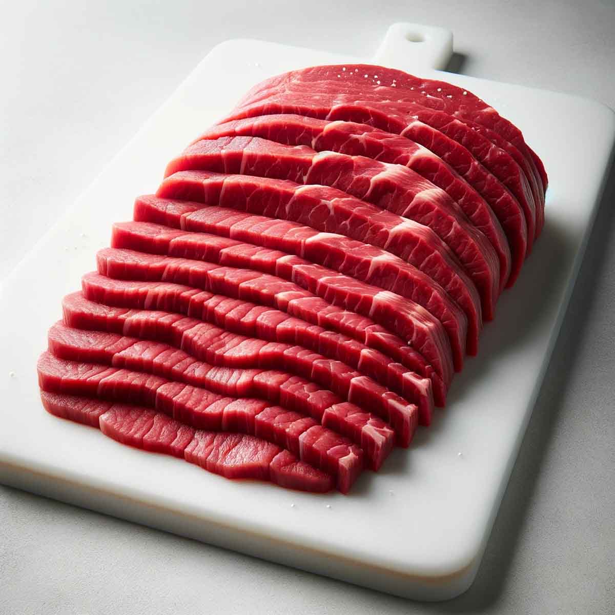 Thinly sliced raw beef arranged on a clean white cutting board, displaying uniform thickness and a fresh red color.