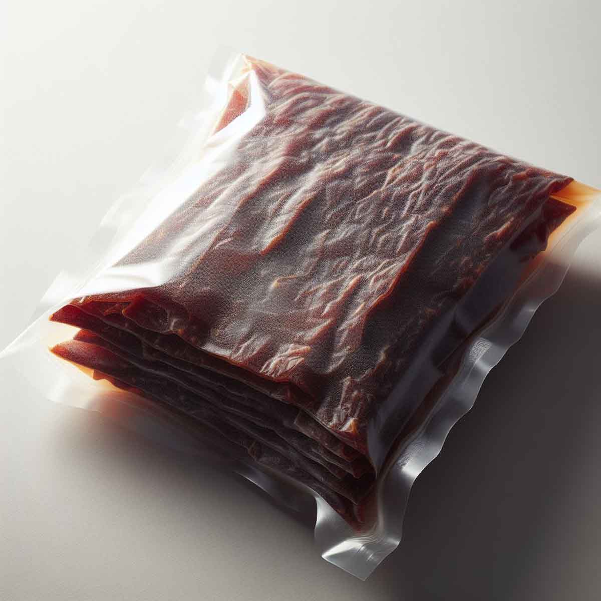 Vacuum-sealed bags of beef jerky highlighting its preserved texture and color.
