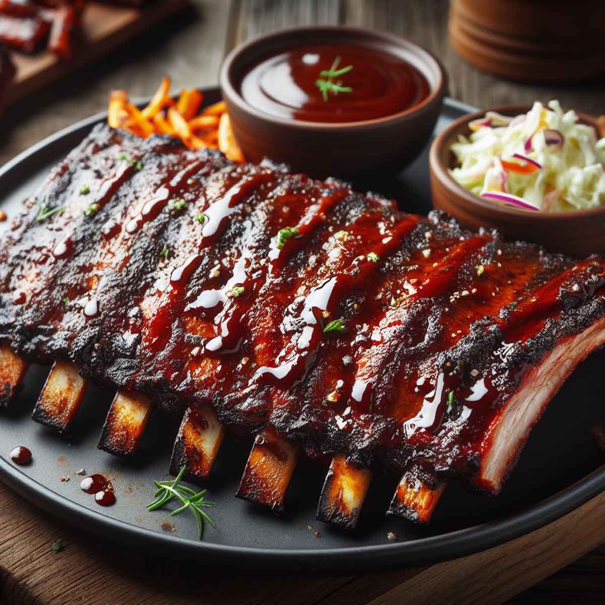 Cooked St. Louis style ribs on a platter, glazed with a rich, caramelized barbecue sauce.