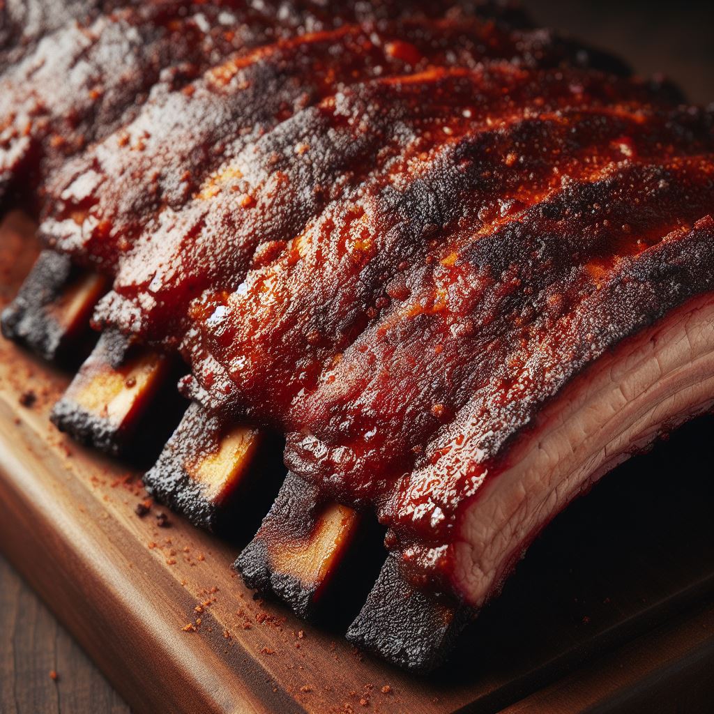 Close-up of baby back pork ribs with a reddish-brown, crispy exterior and visible smoke rings.