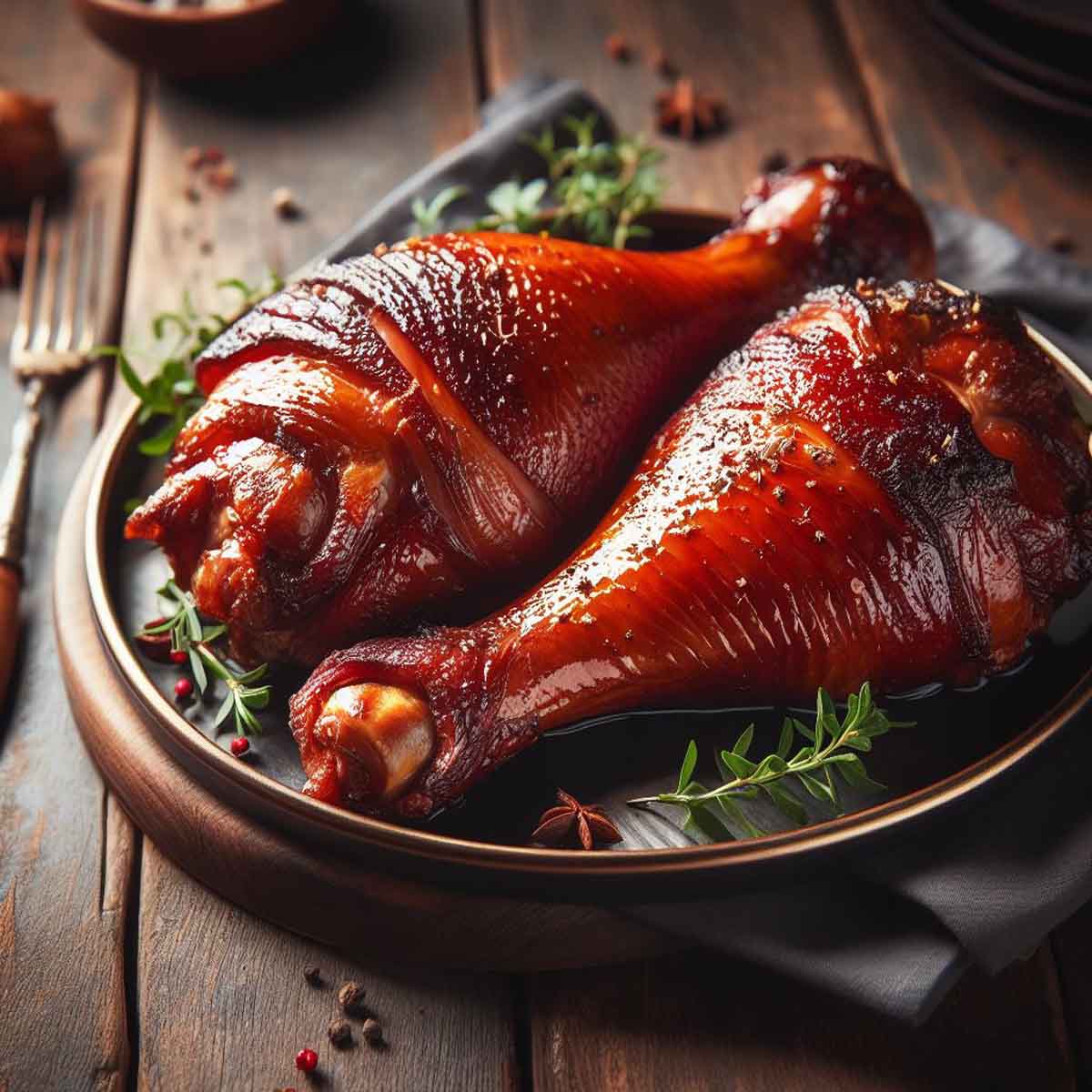 A wide shot of smoked turkey legs on a grill in an outdoor setting, perfectly cooked with a golden-brown exterior.
