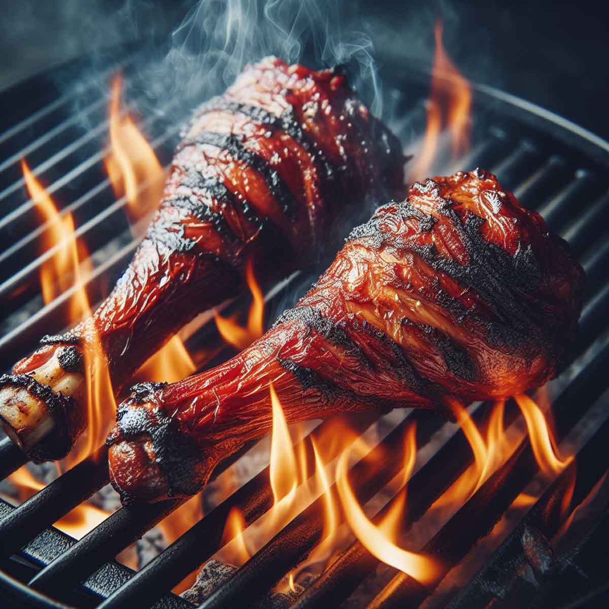 Smoked turkey legs being reheated directly over medium flames on a grill, showing crispy, golden-brown skin.