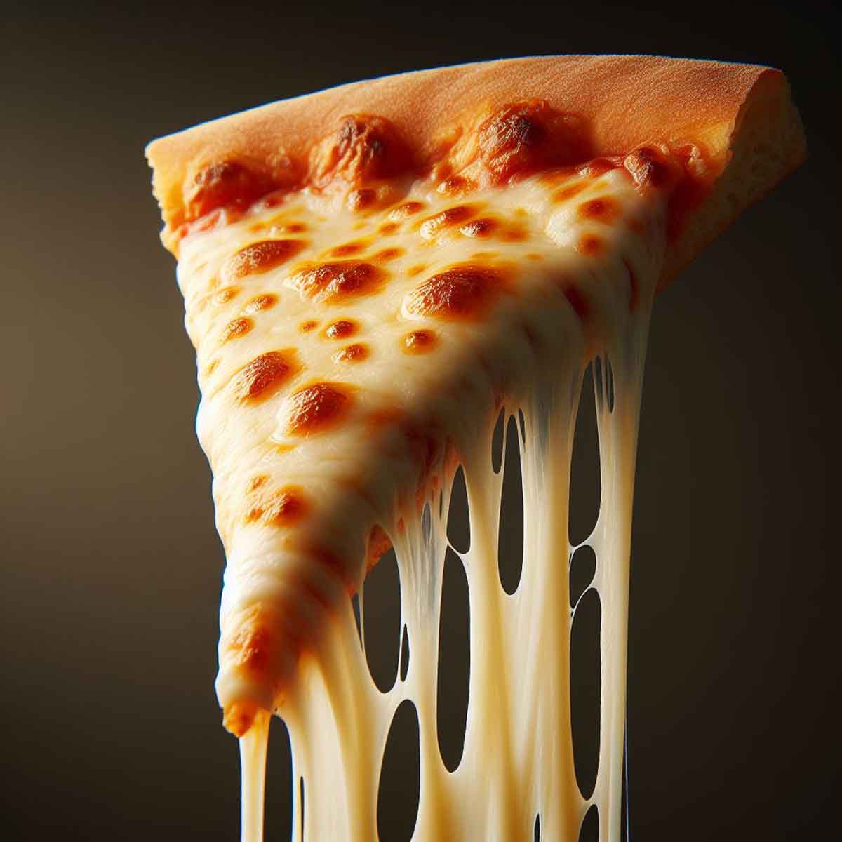 Close-up of a Domino's cheese pizza slice with stringy, melted mozzarella and a golden crust.