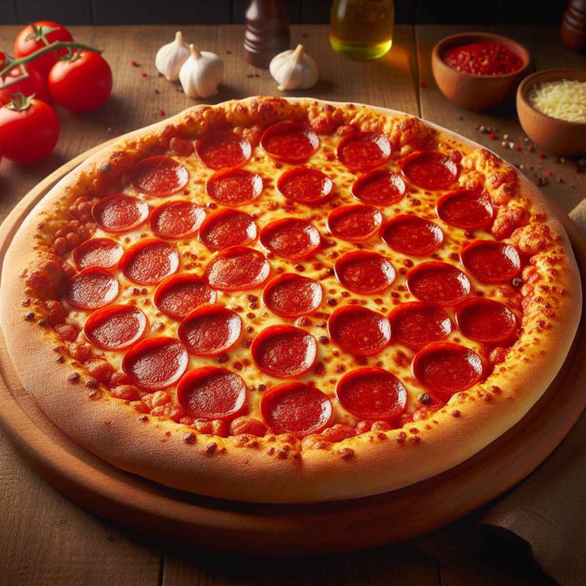 A whole Domino's pepperoni pizza with evenly spaced pepperoni and melted cheese on a wooden board.