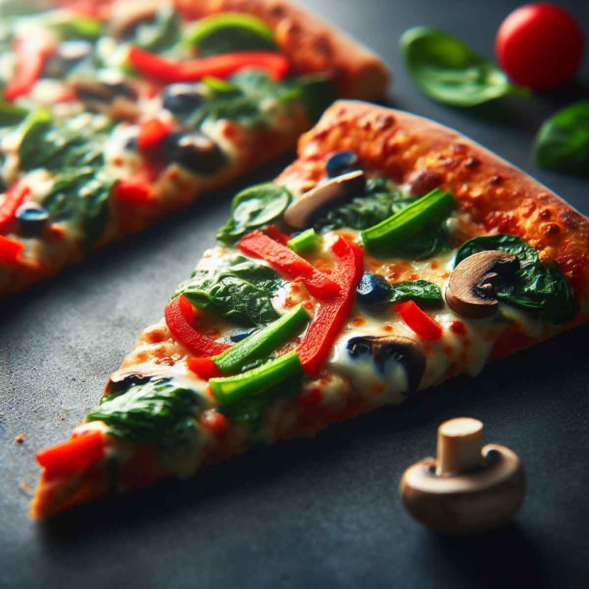Close-up of a Domino's veggie pizza slice with vibrant toppings like spinach, red peppers, and mushrooms.