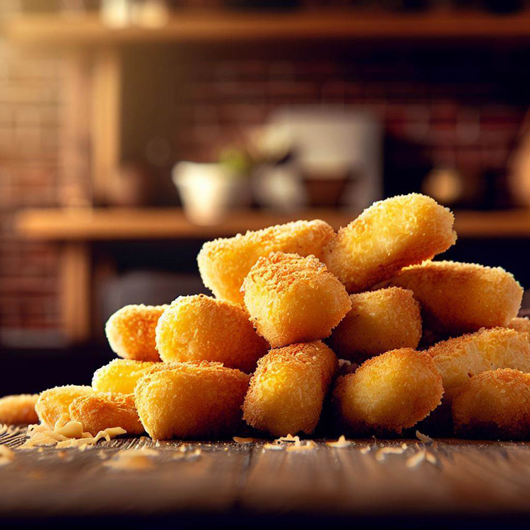 Stack of golden Domino's Parmesan Bread Bites on a rustic table with a kitchen backdrop.
