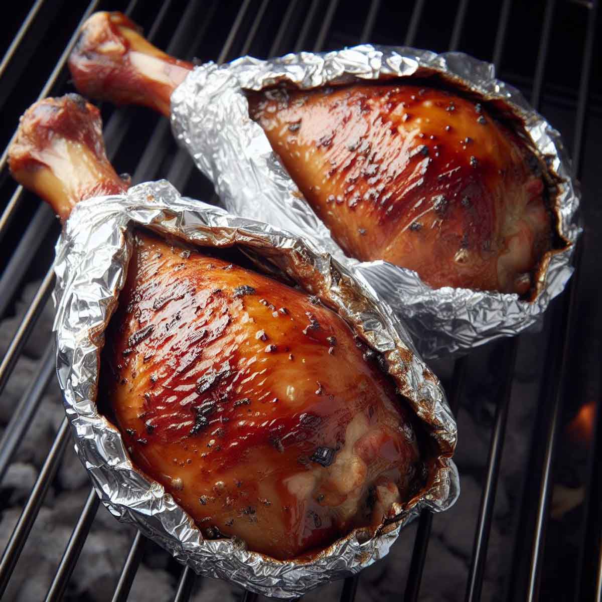 Foil-wrapped smoked turkey legs on a grill, with steam visible, indicating moist and tender meat inside.