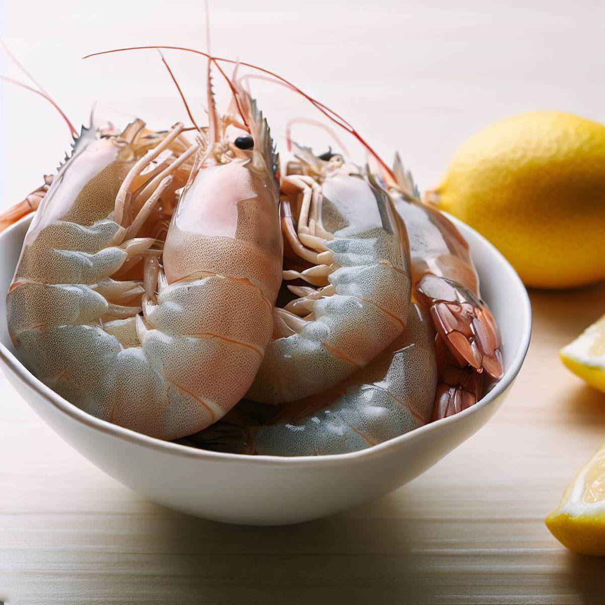 Fresh, raw shrimp with lemon halves on a cutting board