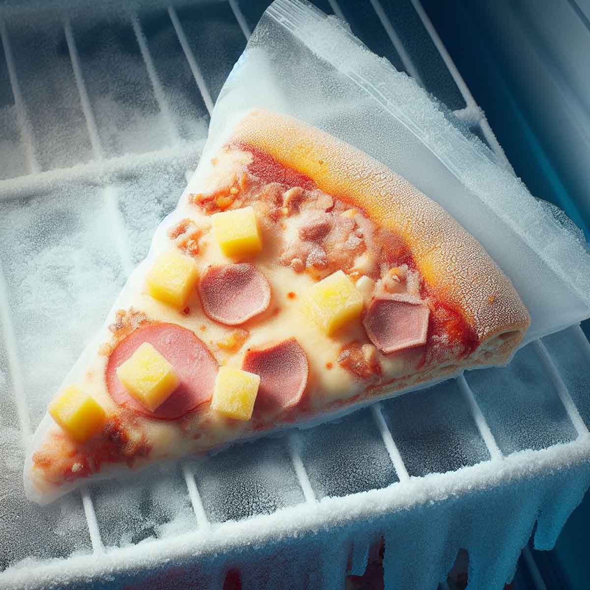 Can you freeze Domino's pizza? Absolutely! A frozen Domino's pizza slice in a freezer bag, showing ice crystals and toppings.