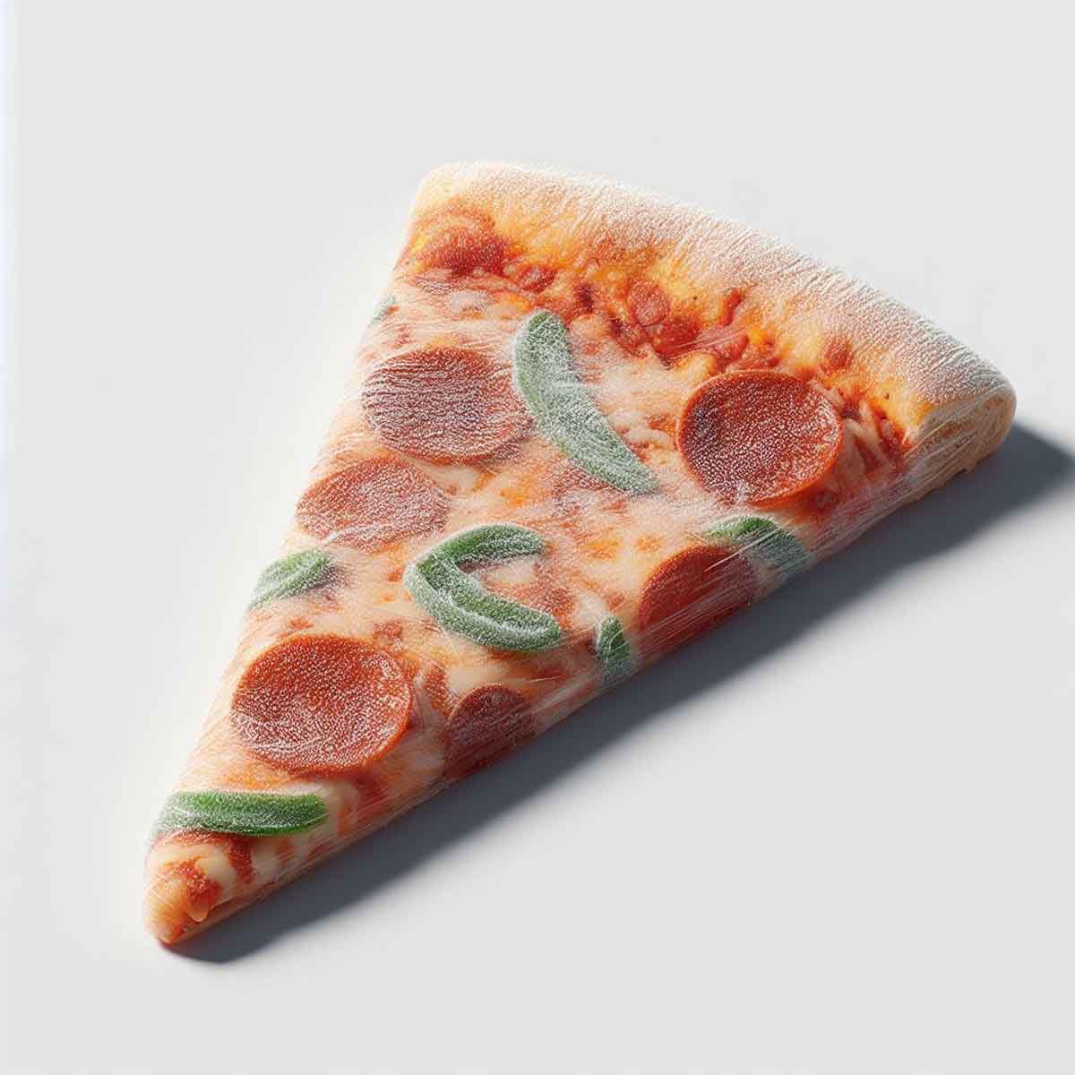A frozen Domino's pizza slice wrapped in cling film, preserving the texture and toppings.