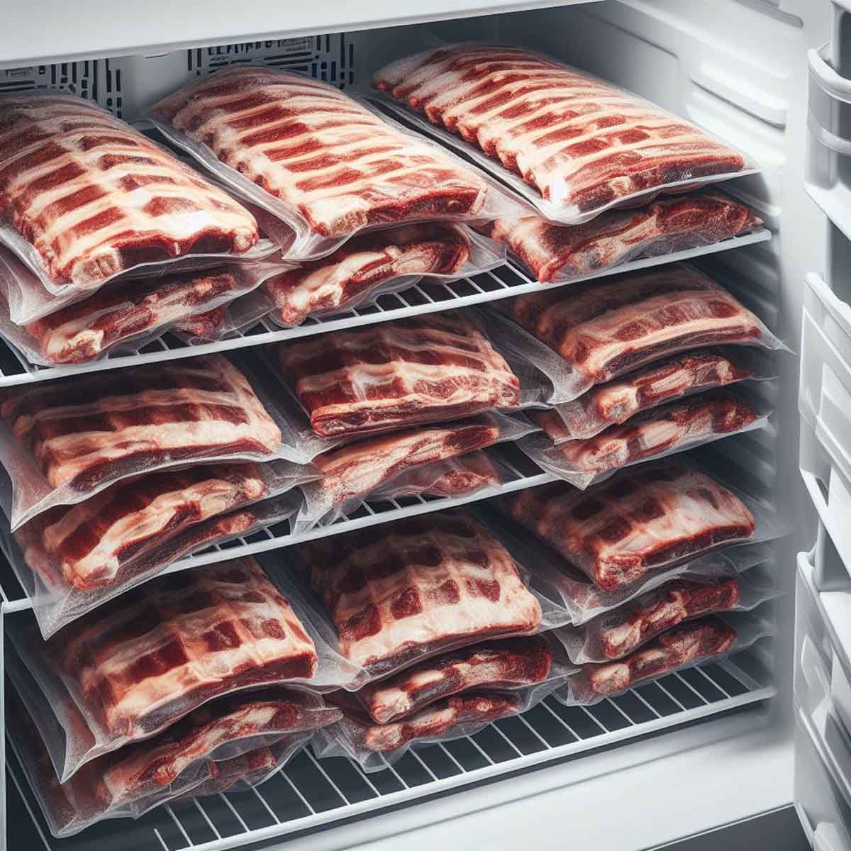 Frozen ribs neatly stored in a frost-free freezer, showcasing efficient food storage practices.