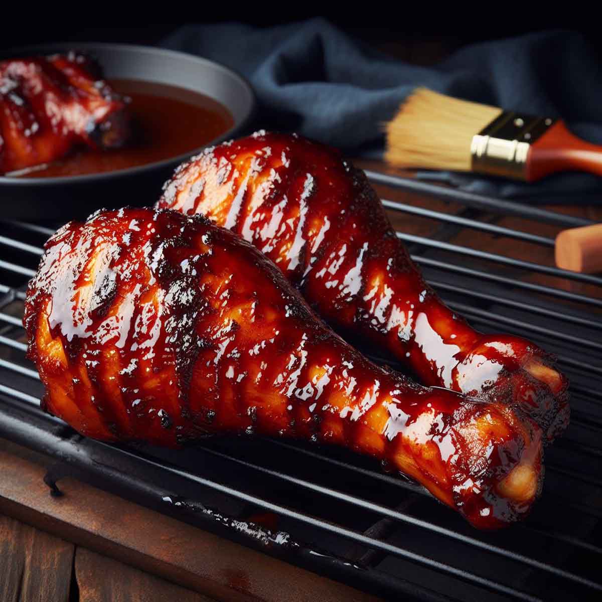 Close-up of smoked turkey legs on a grill, coated with a shiny, caramelized glaze.