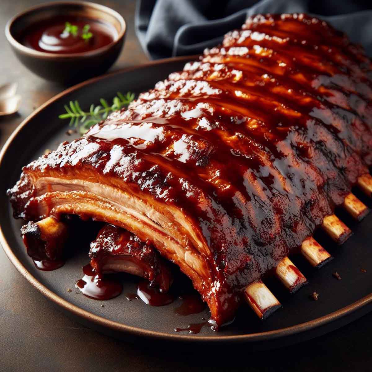 Grilled ribs served on a dinner plate, beautifully charred with grill marks and a shiny barbecue sauce glaze.