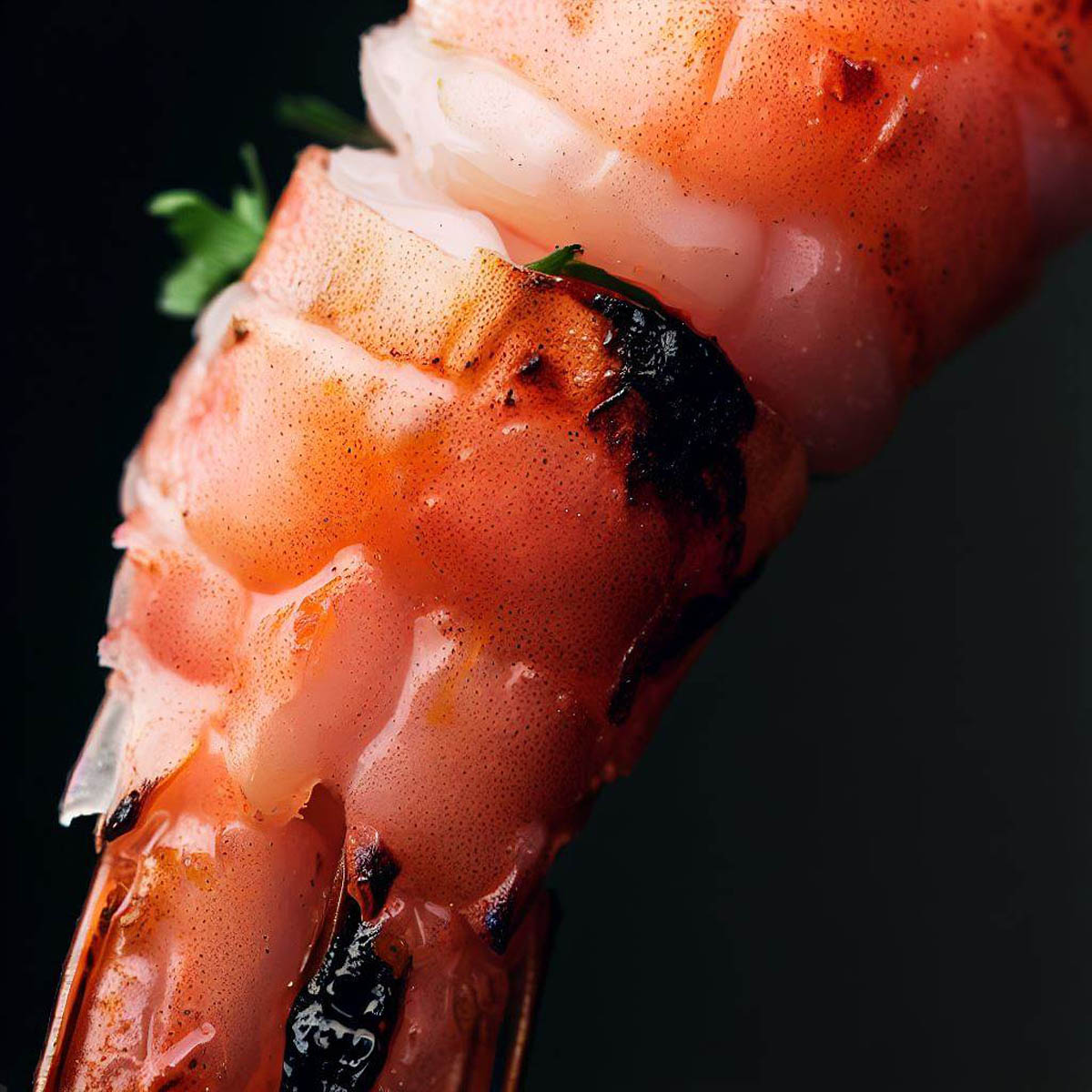  Close-up view of grilled shrimp on a skewer