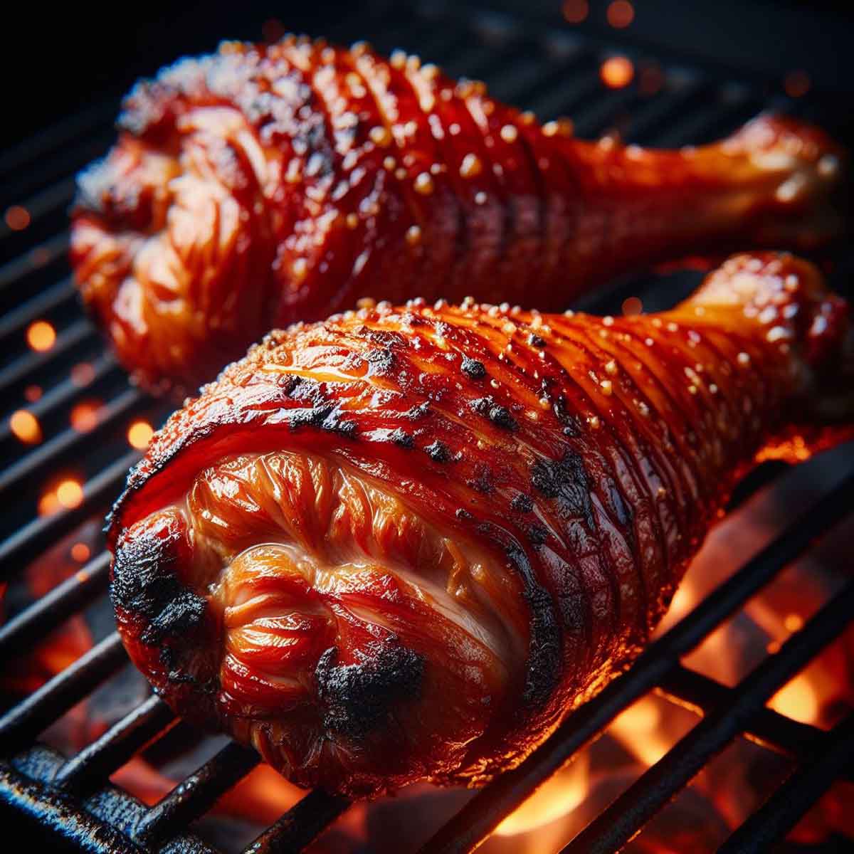 Close-up image of grilled turkey legs showing detailed texture of the crispy, charred skin.