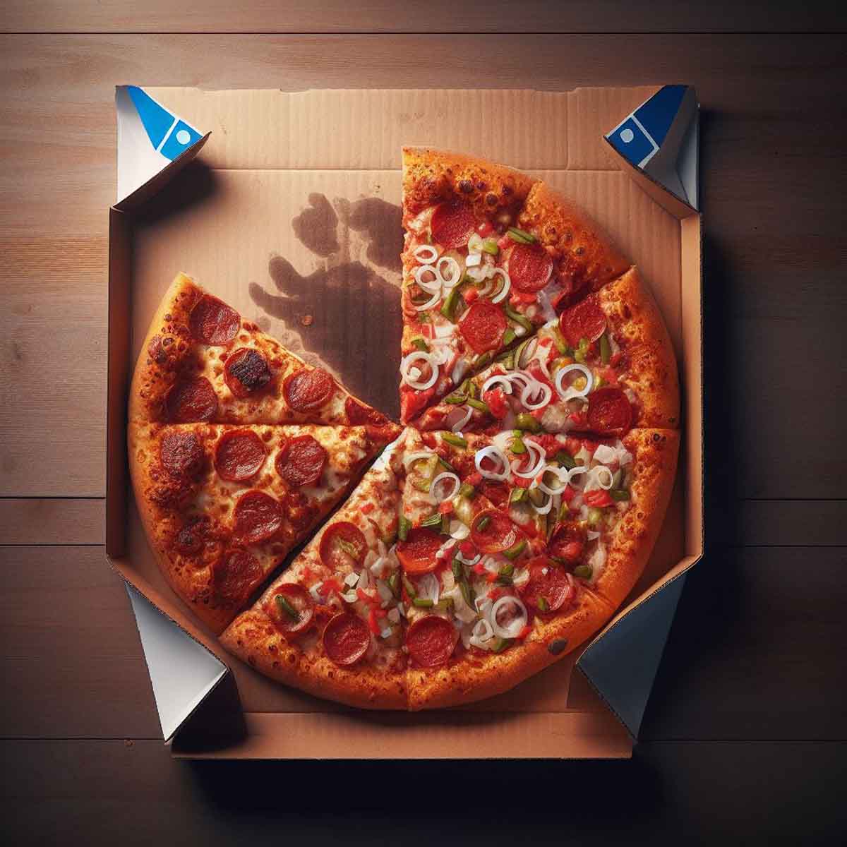 Half-eaten Domino's pizza in its box, showcasing a variety of toppings on a wooden table.