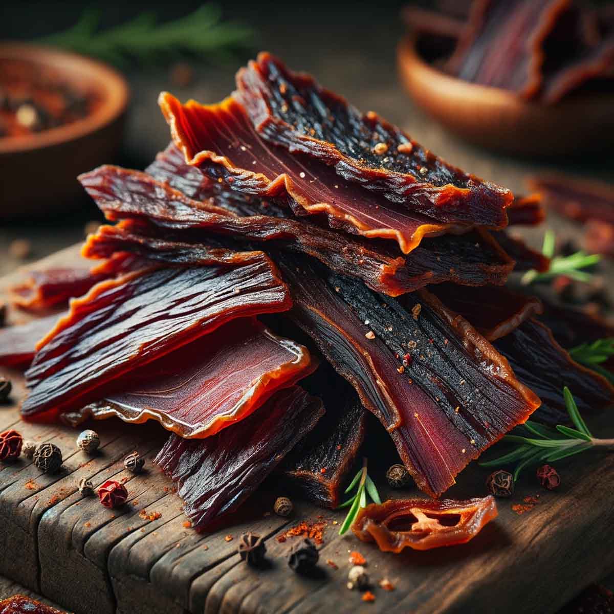 Finished beef jerky strips with a rich, dark brown color, arranged on a slate serving board.