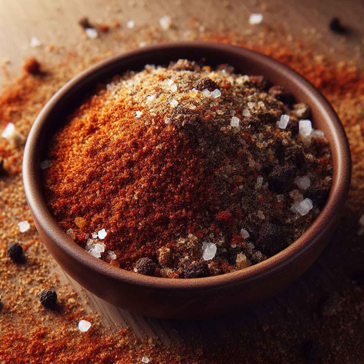 A bowl filled with a homemade dry rub mixture, showcasing layers of brown sugar, paprika, and spices.