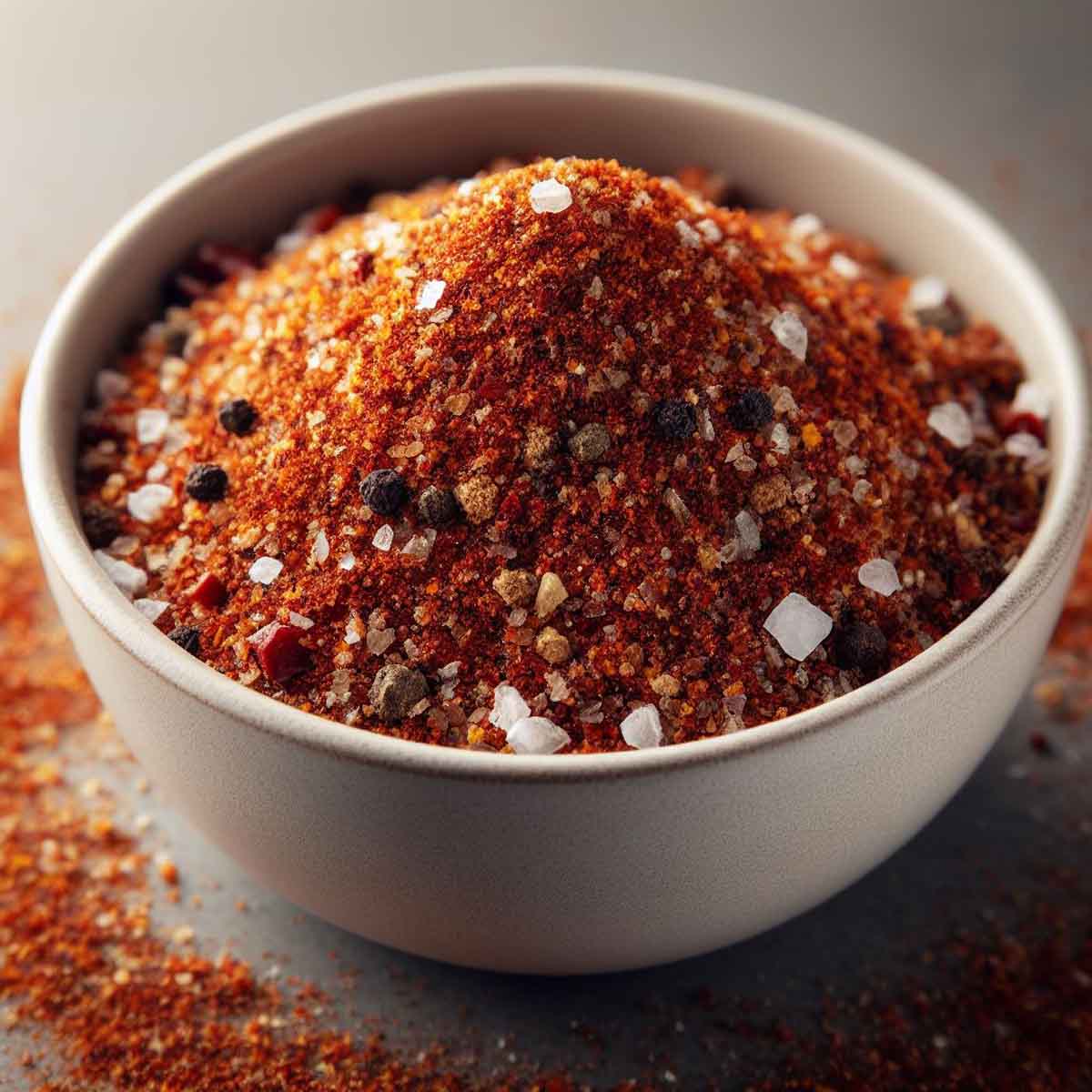 Close-up of a homemade dry rub mix with visible grains of brown sugar and spices.