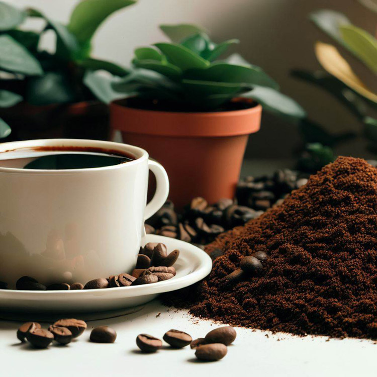 Collage of houseplants with a sprinkle of coffee grounds.