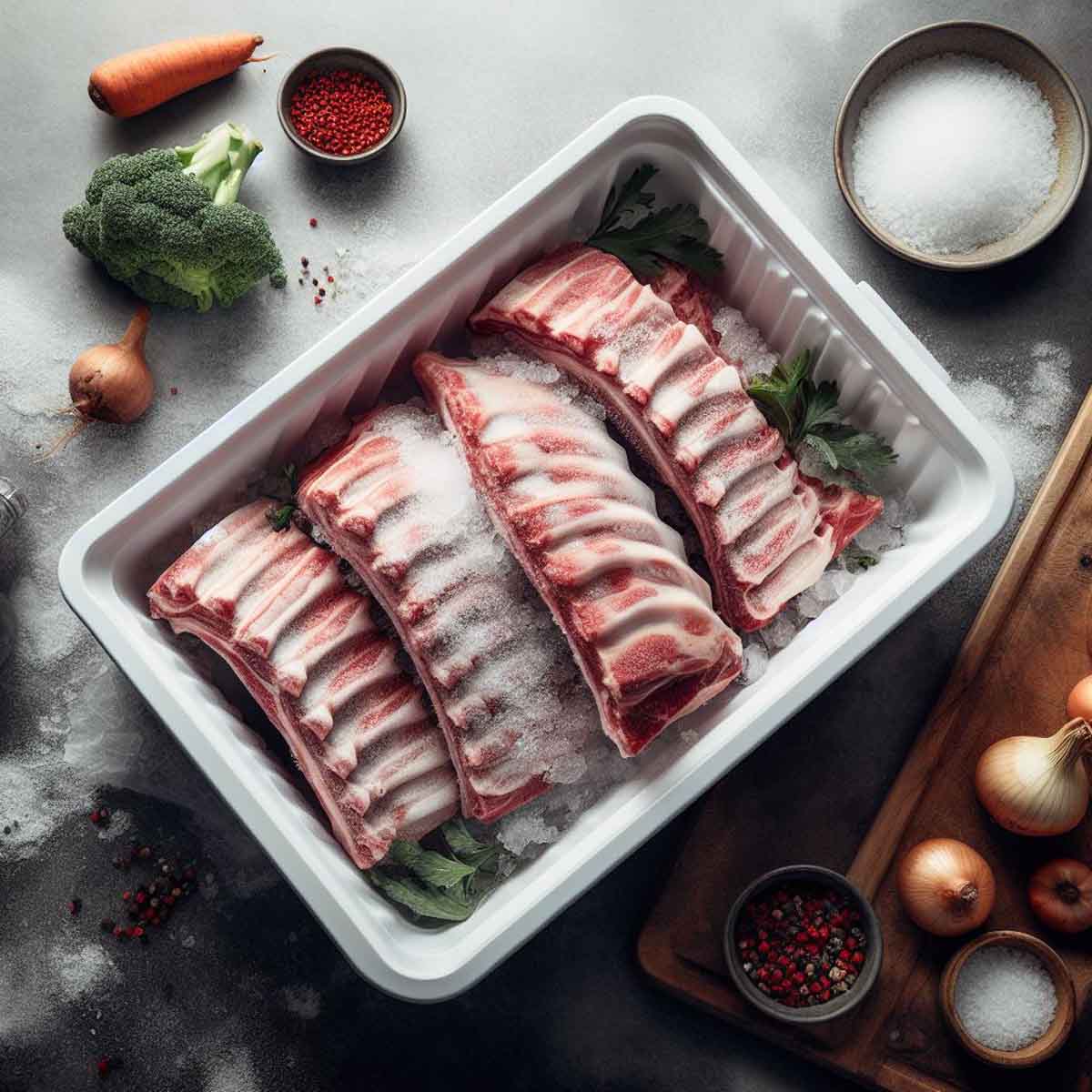 How long can you freeze ribs? A stack of raw pork ribs neatly arranged, showcasing their natural curve and clean cut, ready for freezing.