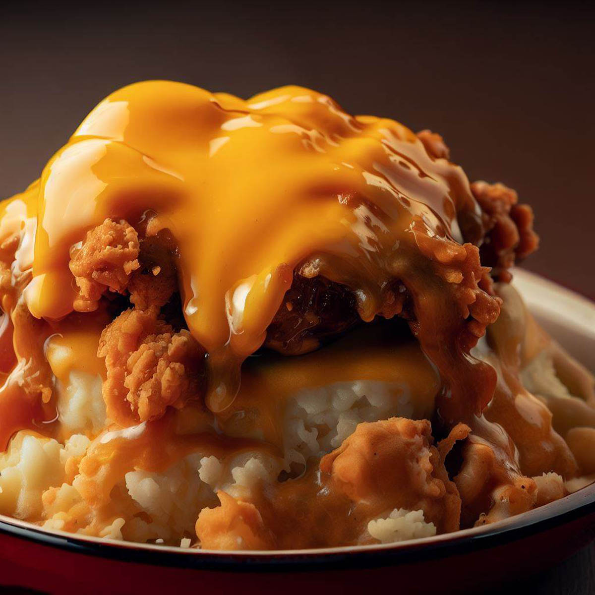 A closeup view of the KFC Famous Bowl Casserole highlighting the melting cheese on top.