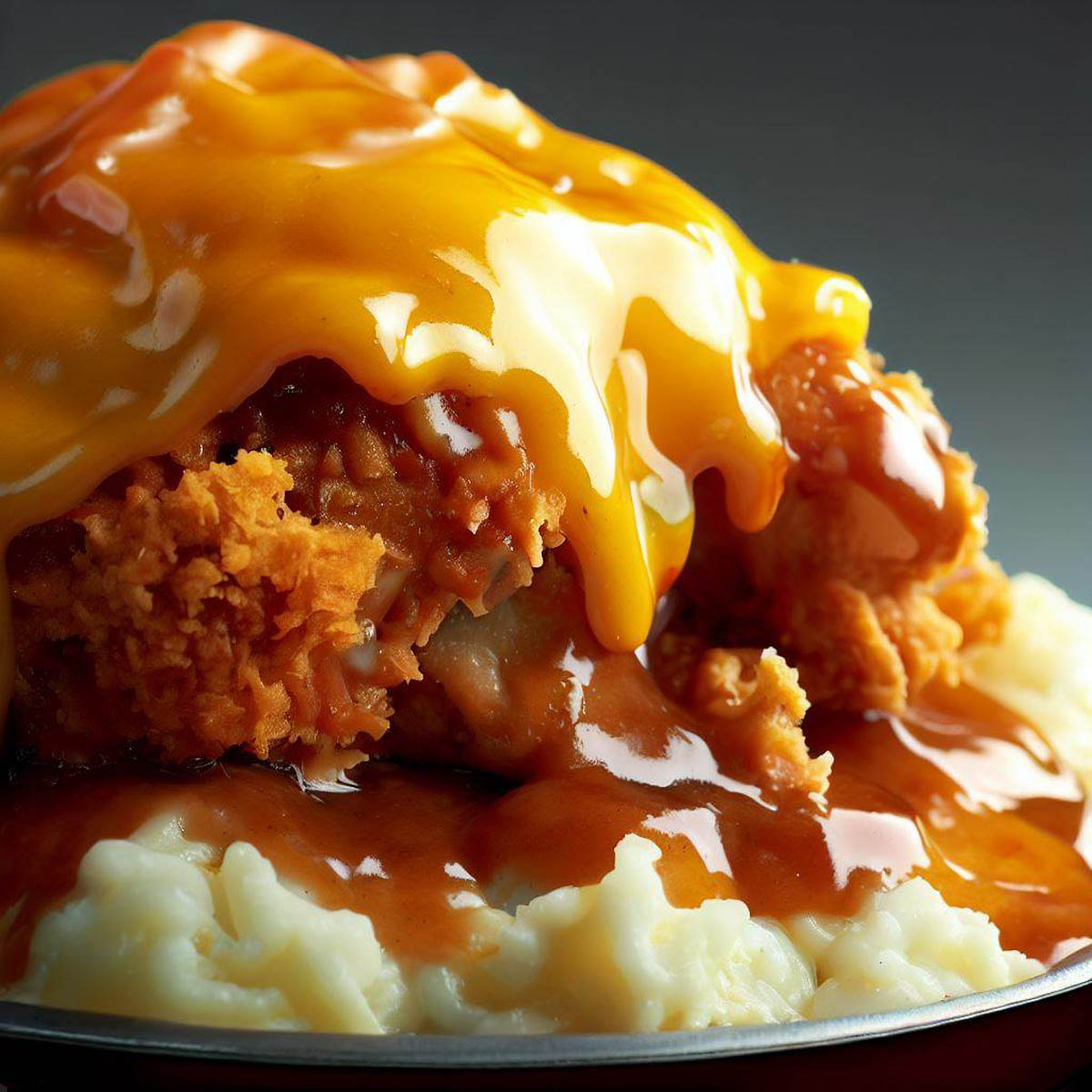 A close-up view of a finished KFC Famous Bowl Casserole showcasing crispy chicken and glossy gravy.