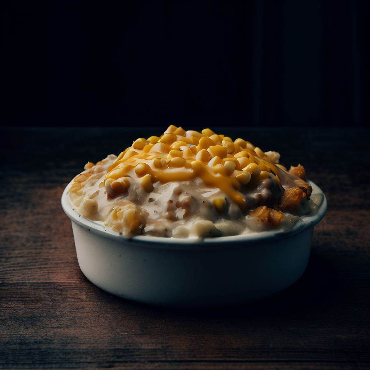 A single serving of the finished KFC Famous Bowl Casserole in a white ceramic bowl.
