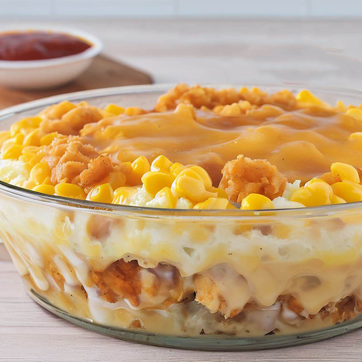 Side view of a KFC Famous Bowl Casserole showing the delicious layers.