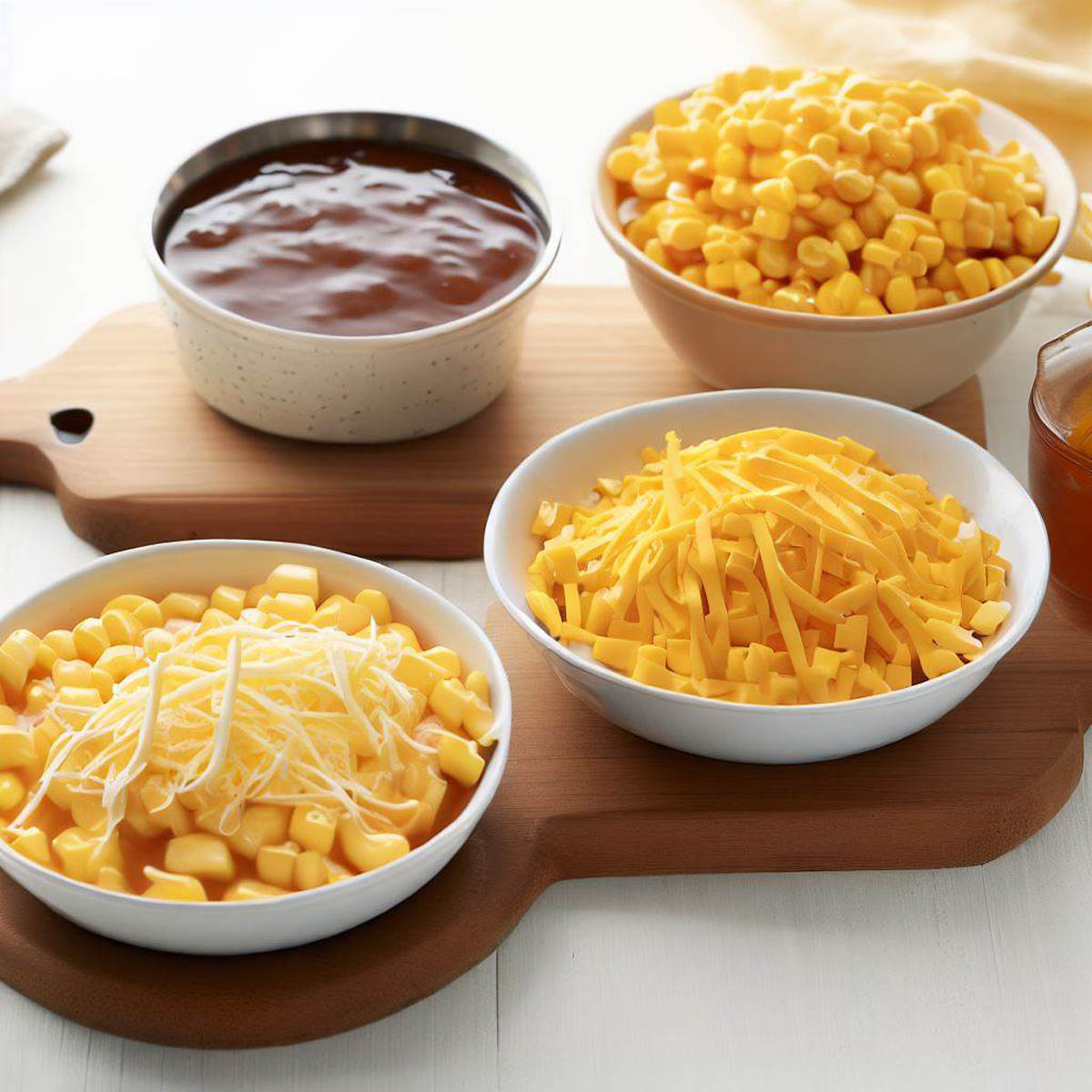 Separate bowls of gravy, corn, and cheese - ingredients for KFC Famous Bowl Casserole.