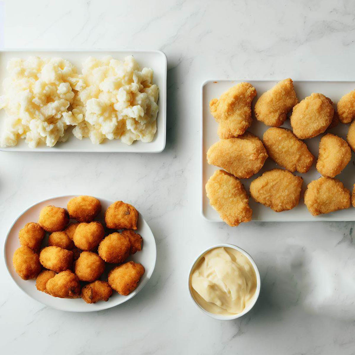Ingredients for KFC Famous Bowl Casserole - nuggets and potatoes in separate bowls.