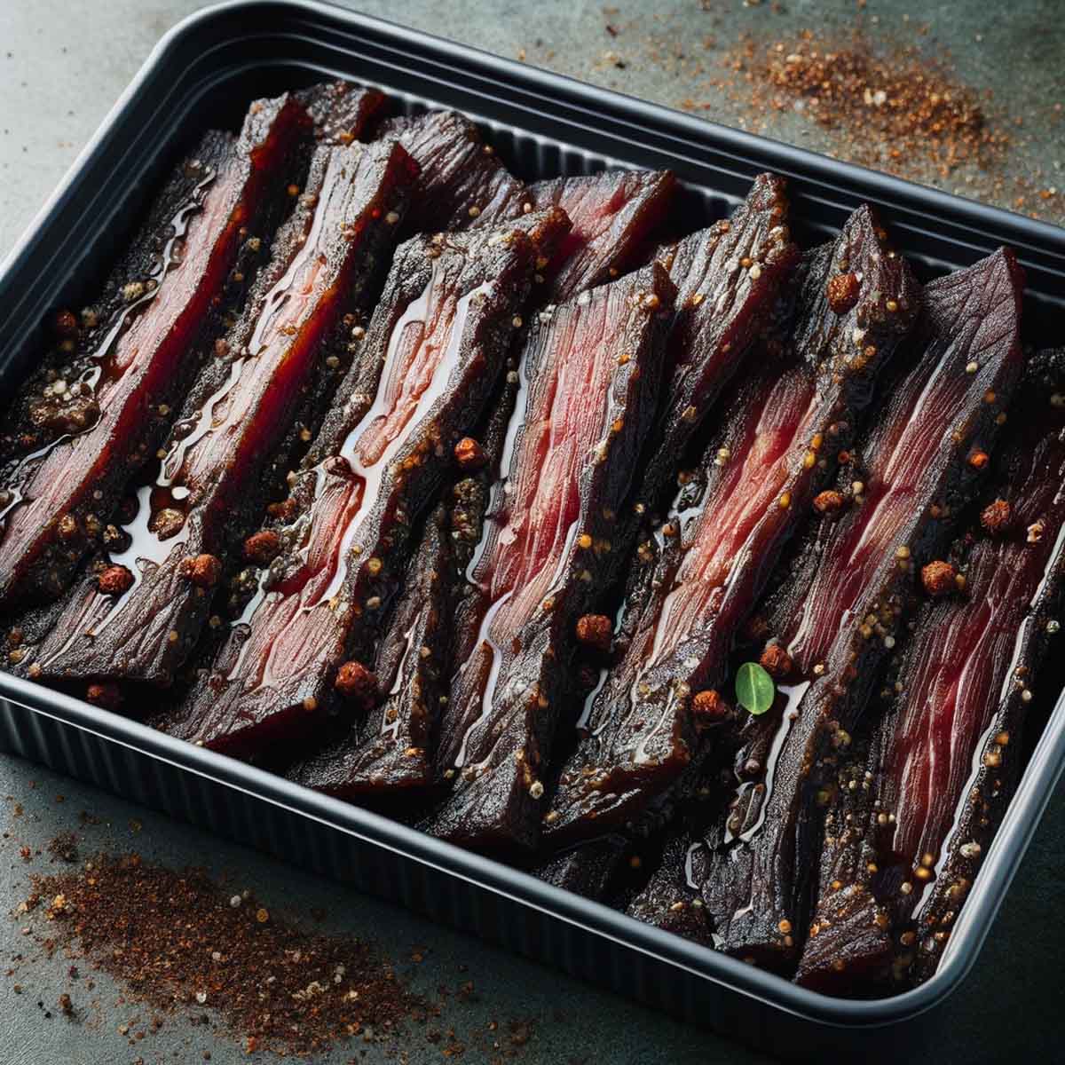 Marinated beef jerky strips in an airtight container, each piece evenly coated with a wet, shiny, herb-infused marinade.