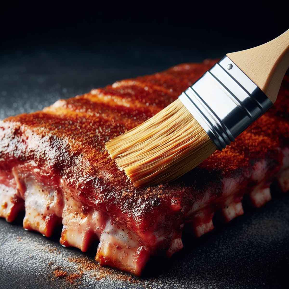 Brush applying a glossy marinade over the spice-coated surface of raw ribs.